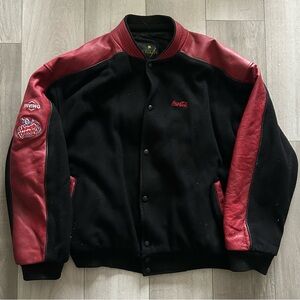 Vintage 90's Coca Cola Racing Button Up Varsity Leather Jacket Size XL